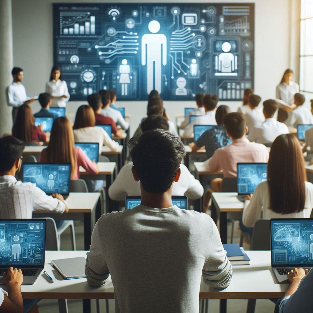 Back view of Indian students using AI-powered educational tools on laptops and tablets in a classroom, illustrating AI tools for students in India